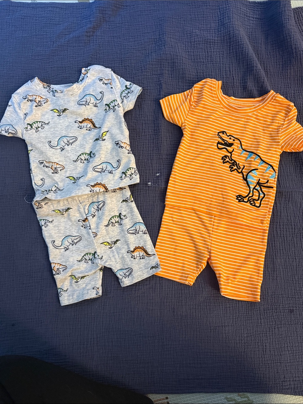 Toddler Dino Short Pajama Set - Orange Striped Romper & Gray Dino Top